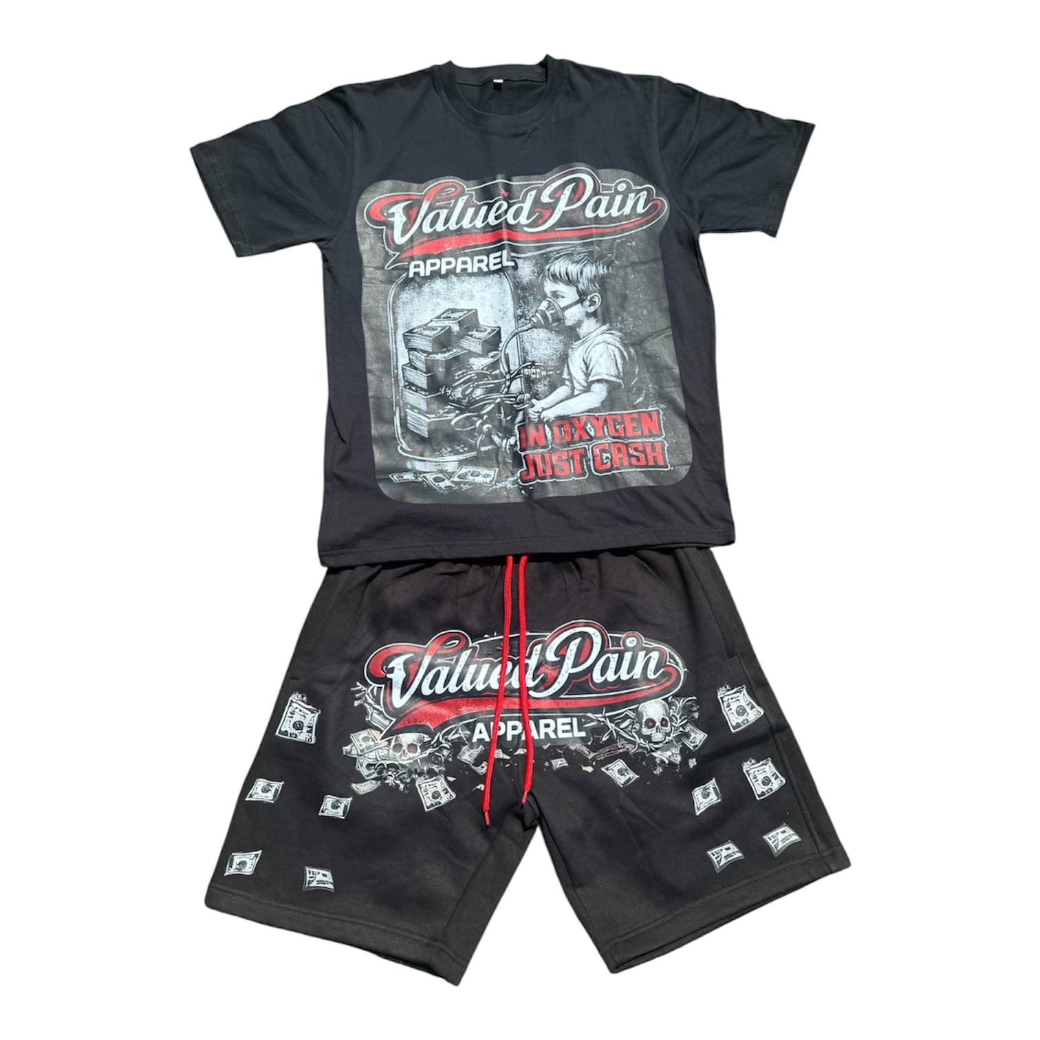 Black Oxygen set — tee and shorts flat lay