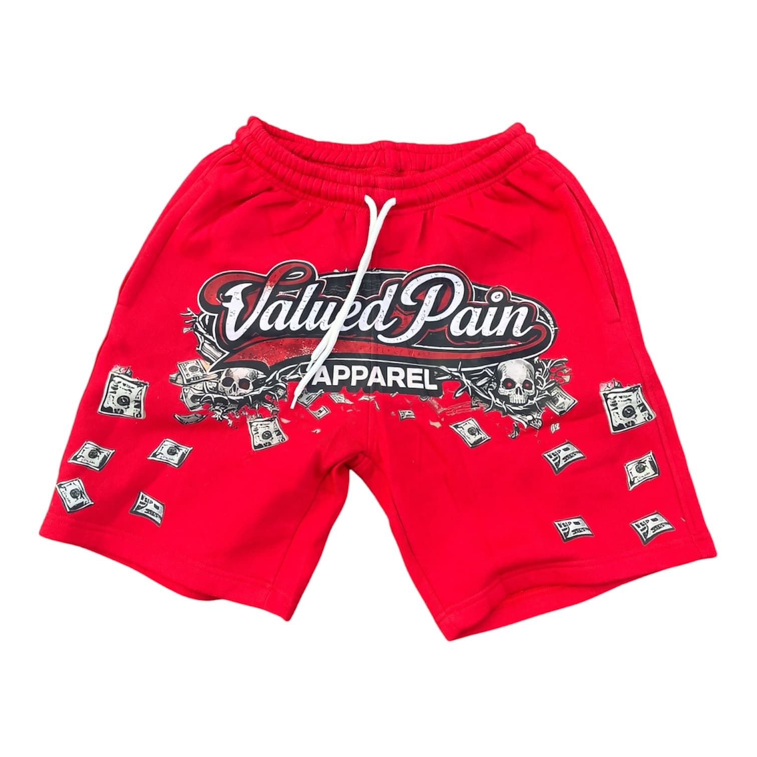 VP Script shorts in red with white drawstring — front flat